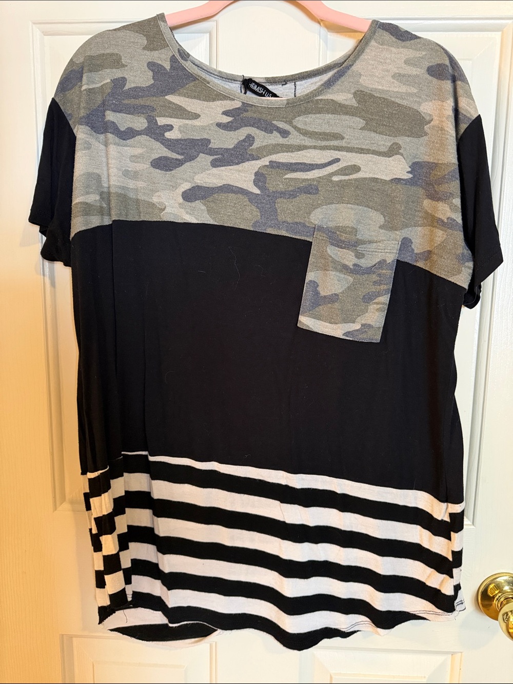 HEIMISH USA Black, White & Camo Short Sleeve Colorblock Tee
